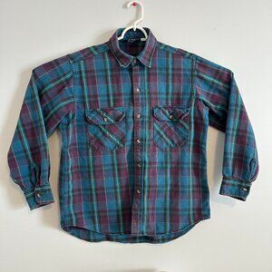 Woolrich Casual Button Down Mens Large Blue Purple Plaid Rugged Flannel Shacket